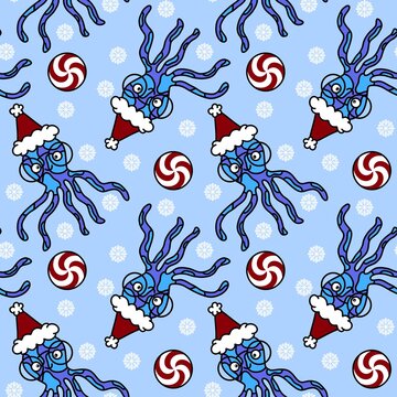 Winter animals seamless cartoon octopus Christmas pattern for Noel wrapping paper and fabrics and linens