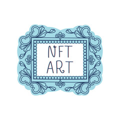 Carved picture frame. Museum framing of a work of art with an ornament. NFT art inscription. Vector isolated illustration.