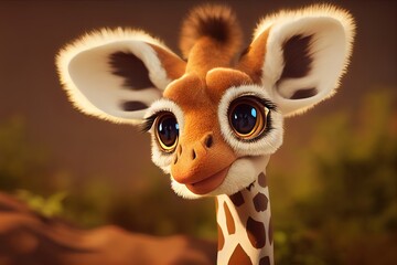 Tiny cute adorable savanna gireffe, intricate details. Cartoon big eyed close up portrait. Soft cinematic lighting, animation style character, anime style, 3d illustration.