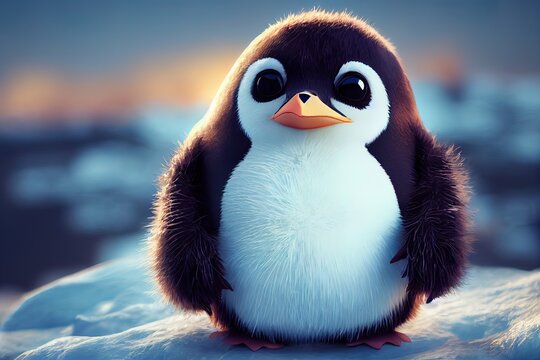 Tiny cute adorable pinguin standing on snow, intricate details. Cartoon big eyed close up portrait. Soft cinematic lighting, animation style character, anime style, 3d illustration.