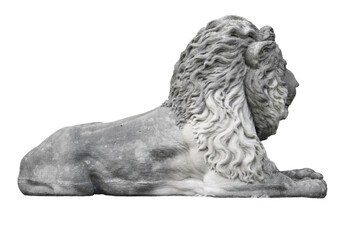 Side profile of a gray stone statue shaped like a lion