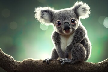 Fototapeta premium Tiny cute adorable koala in the jungle, intricate details. Cartoon big eyed close up portrait. Soft cinematic lighting, animation style character, anime style, 3d illustration.