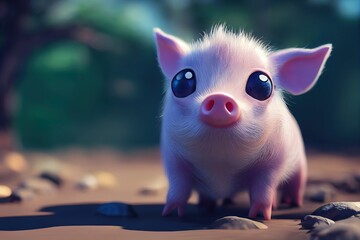 Tiny cute adorable pig playing in mud, intricate details. Cartoon big eyed close up portrait. Soft cinematic lighting, animation style character, anime style, 3d illustration.