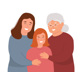 An elderly mother with her daughter and granddaughter. Two women hug a child. The concept of maternal love, family, caring for the old, different generations. Vector graphics.