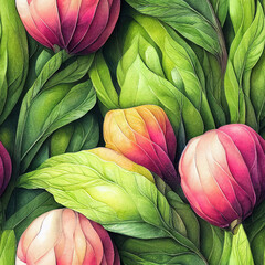 Plants vegetation herb, vegetable seamless repeat pattern tile. Digital paper detailed watercolor style. Motif botanical background