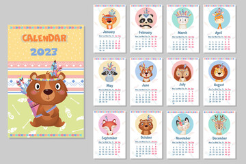 Fototapeta na wymiar Stylish 2023 cute Yearly Calendar design with wild Indians animals on white