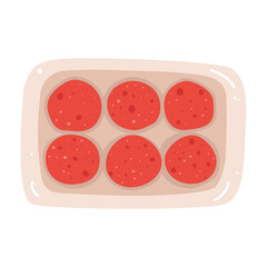 Flat vector illustration of raw meat cutlets in a package. A hand-drawn product on a white background.