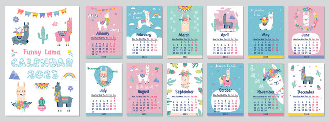 2023 Cute monthly calendar with llama,luggage,cactus,geometrical for children.Can be used for web,banner,poster,label and printable