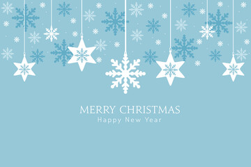 Naklejka na ściany i meble Merry Christmas greeting card, design of xmas with white and blue flakes and hanging snowflakes on light blue vector background.