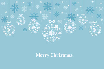 Modern christmas hanging baubles on blue. Merry christmas card background.