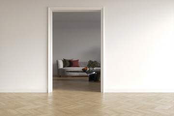 Livingroom in door frame, clear white walls