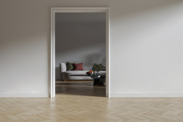 Livingroom in door frame, empty white walls