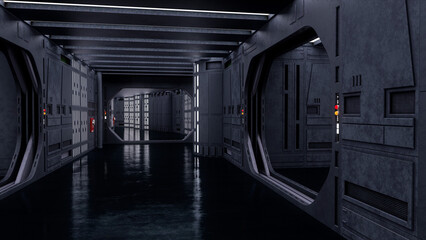 Futuristic science fiction space ship corridor with metallic walls. 3D rendering. © IG Digital Arts