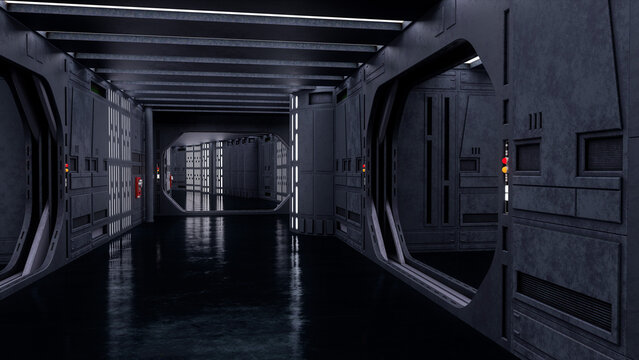 Futuristic science fiction space ship corridor with metallic walls. 3D rendering.