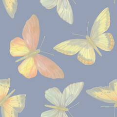 Seamless pattern for design. Colorful watercolor butterflies painted on a purple background.