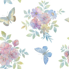 Butterflies and flowers, seamless botanical pattern. Abstract background of flowers and butterflies for wallpaper, print, wrapping paper.