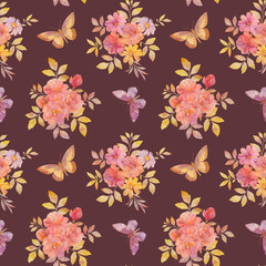 Abstract pattern of butterflies and flowers. Seamless botanical pattern for design. Bright flowers and butterflies for wallpaper, print, scrapbooking.