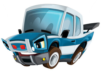 Cartoon smiling police on white background car isolated illustration