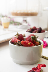 bowl details with fresh red fruits, healthy food and ingredient in studio, strawberries and blackberries