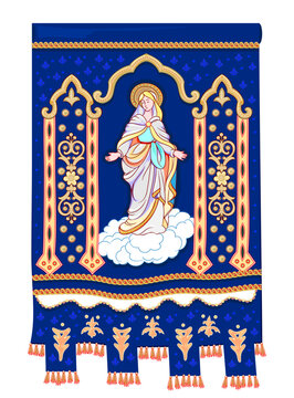 Catholic gonfalon from the French church in Locronan. Beautiful embroidery of Mother of God. Christian religious object from a cloth. Hand drawn flat vector.