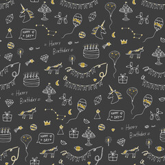 Naklejka premium Happy Birthday doodle vector seamless pattern.