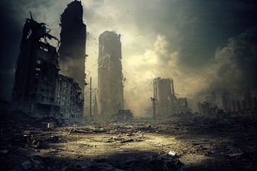 Fototapeta na wymiar A post-apocalyptic ruined city. Destroyed buildings, destroyed roads, blown up skyscrapers. The concept of the apocalypse. 3d rendering
