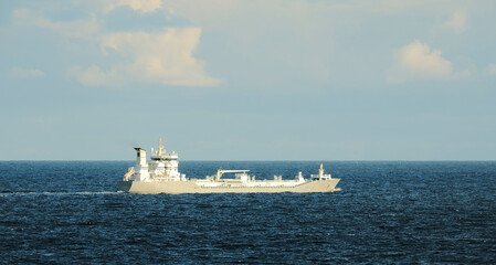 The North Sea - 10 11 2022: Oil tanker loaded with oil products underway at sea to her next...