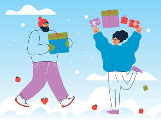 Happy people received presents. Flat cartoon colorful vector illustration. Joyful man and woman celebrate Christmas and hold gifts. Male and Female Characters Prepare for Christmas. 