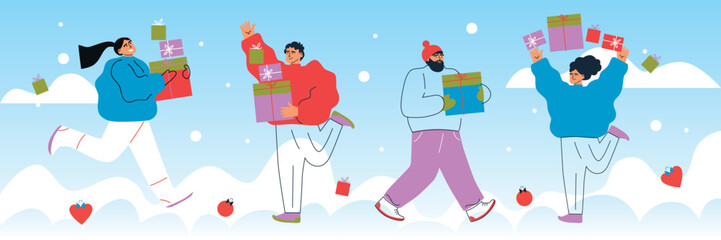 Obraz na płótnie Canvas Happy people received presents. Flat cartoon colorful vector illustration. Joyful man and woman celebrate Christmas and hold gifts. Male and Female Characters Prepare for Christmas. 