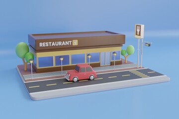  3D illustration of restaurant. 3d Rendering of a Fast food restaurant on blue background. 3d rendering

