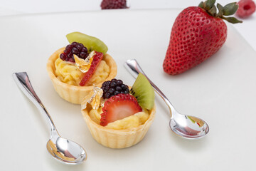 food decorated with fruits and cream, wallpaper and elegant lifestyle, appetizer in restaurant
