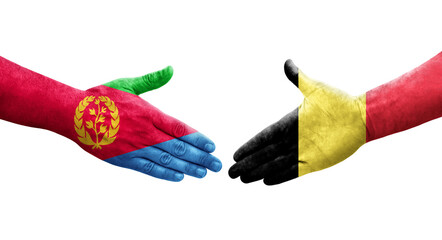 Handshake between Belgium and Eritrea flags painted on hands, isolated transparent image.