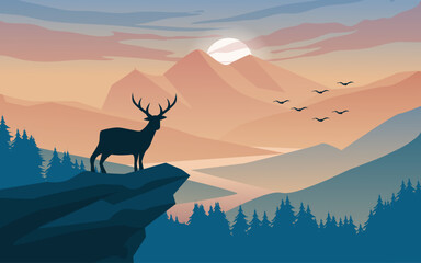 Beautiful mountain landscape with river, forest and a deer standing on the hill