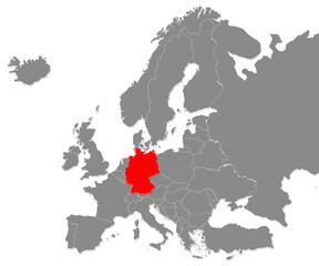 Map of Germany highligted with red in Europe map