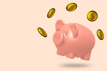 Piggy bank with falling coins for financial and money deposit concept