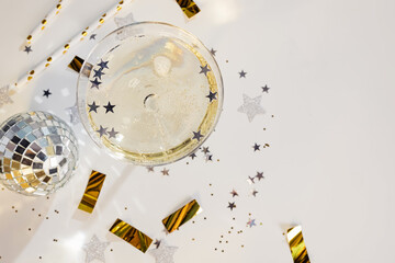 New year party composition, festive decor and champagne.