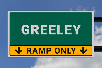 Greeley logo. Greeley lettering on a road sign. Signpost at entrance to Greeley, USA. Green pointer in American style. Road sign in the United States of America. Sky in background