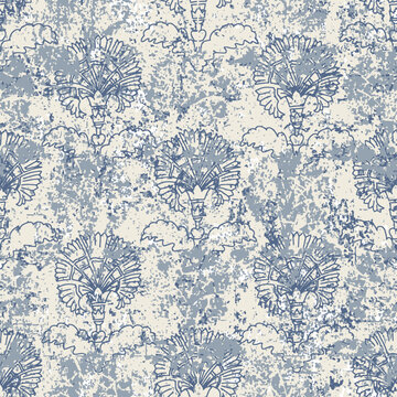 Vector; Blue And White Grunge Abstract Art Classic Luxury And Elegant Style Pattern Background In Popular Modern Damask Design,Geometric Damask Seamless Pattern With Grunge Texture
