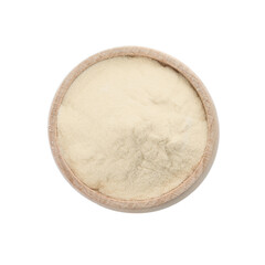 Wooden bowl of agar-agar powder isolated on white, top view