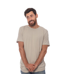 Embarrassed man in shirt on white background