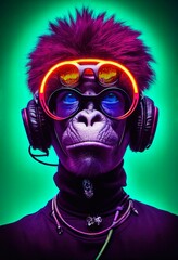 Ein fiktives Porträt eines Punk-Affen mit Kopfhörern und bunten Haaren. Ein Hipster-Affe mit Punkfrisur. 3D-Rendering © designprojects
