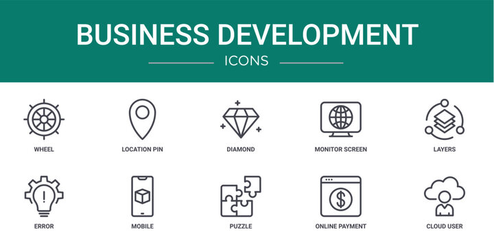 set of 10 outline web business development icons such as wheel, location pin, diamond, monitor screen, layers, error, mobile vector icons for report, presentation, diagram, web design, mobile app