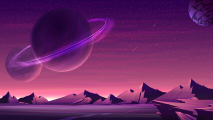 Mars purple space landscape with large planets on purple starry sky, meteors and mountains on the horizon © DDevicee