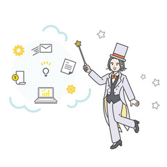 ステッキを持つマジシャンのイラスト素材　ビジネス　業務効率化　生産性向上