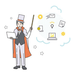 ステッキを持つマジシャンのイラスト素材　ビジネス　業務効率化　生産性向上