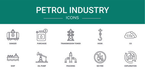set of 10 outline web petrol industry icons such as danger, purchase, transmission tower, hook, co, ship, oil pump vector icons for report, presentation, diagram, web design, mobile app