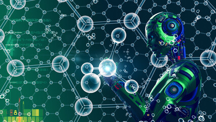 Detailed appearance of the green AI robot and molecular structure of crystal atom under blue background. Concept 3D CG of vaccine development, regenerative and advanced medicine.