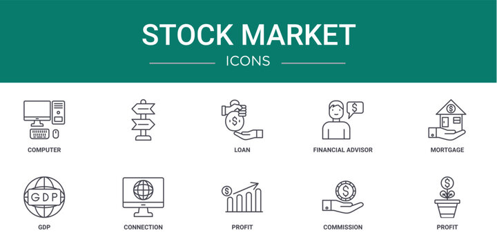 Set Of 10 Outline Web Stock Market Icons Such As Computer, , Loan, Financial Advisor, Mortgage, Gdp, Connection Vector Icons For Report, Presentation, Diagram, Web Design, Mobile App