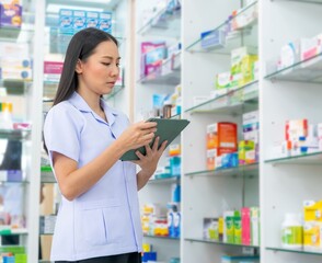 Medical pharmacy and healthcare providers concept. Attractive Asian woman pharmacist working on digital tablet checking stock of medical product, drugs, medicine and supplements on shelf in drugstore.