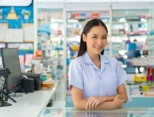 Portrait of Attractive Asian woman professional pharmacist ready for medication advice about...